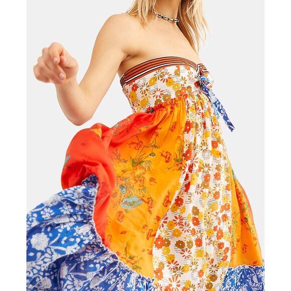 Free People Golden Dreams mixed print Strapless Ruffle Maxi Dress Size Medium - Picture 10 of 12